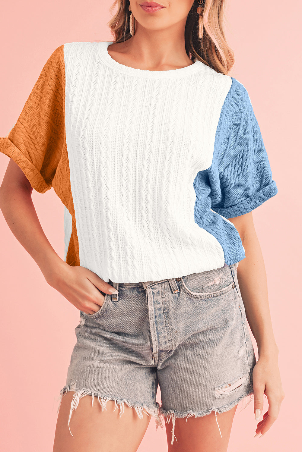 Light Blue Color Block Textured Loose Fit T Shirt