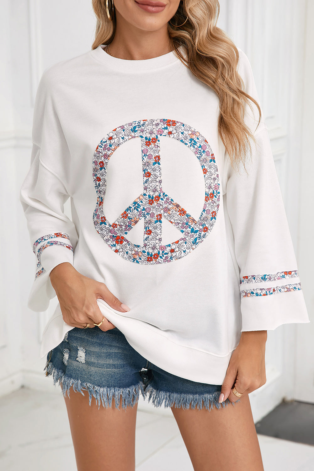 Jet Stream Floral Peace Sign Drop Shoulder Top