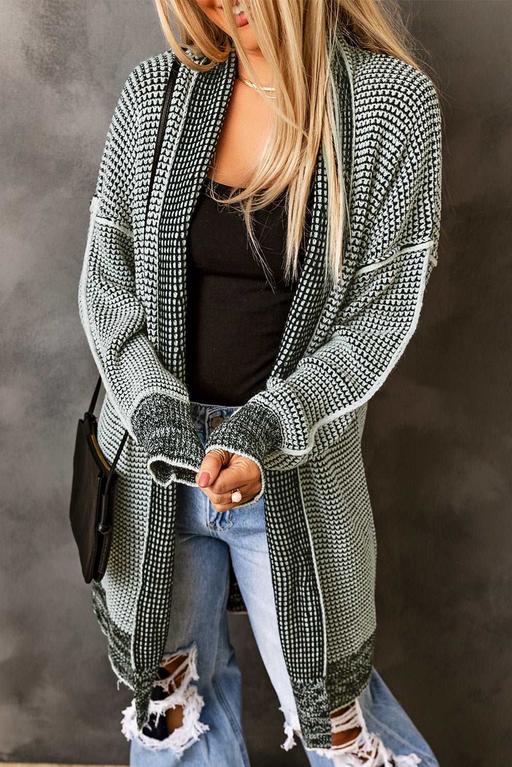 Apricot Plaid Casual Open Front Long Knit Cardigan