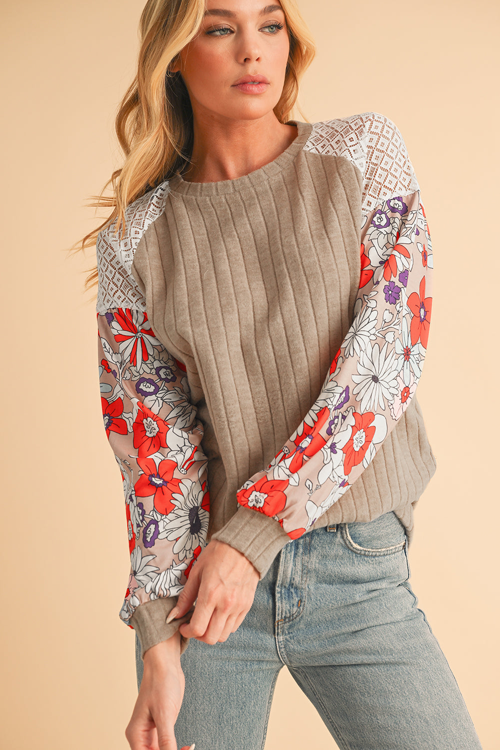 Laurel Green Floral Patchwork Raglan Sleeve Ribbed Blouse