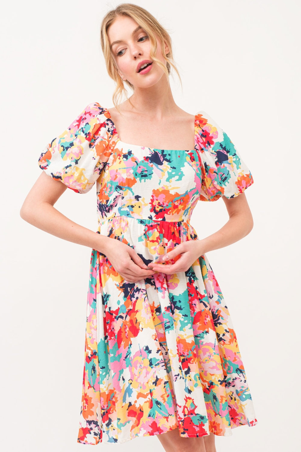 Floral Square Neck Puff Sleeve Dress – Feminine & Chic