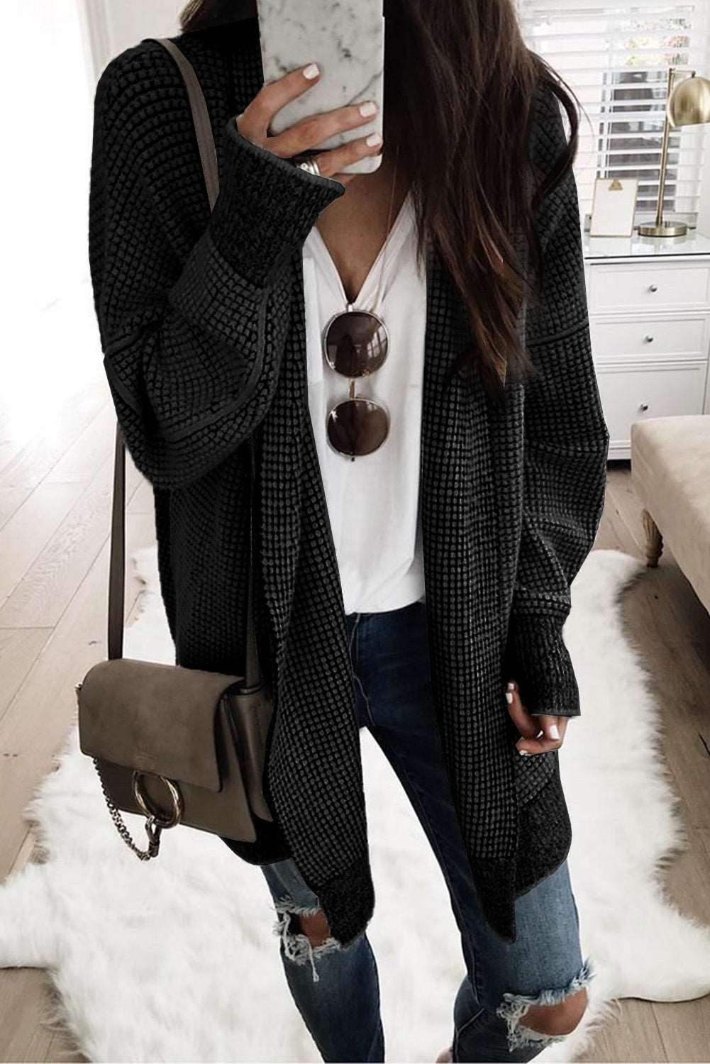 Apricot Plaid Casual Open Front Long Knit Cardigan