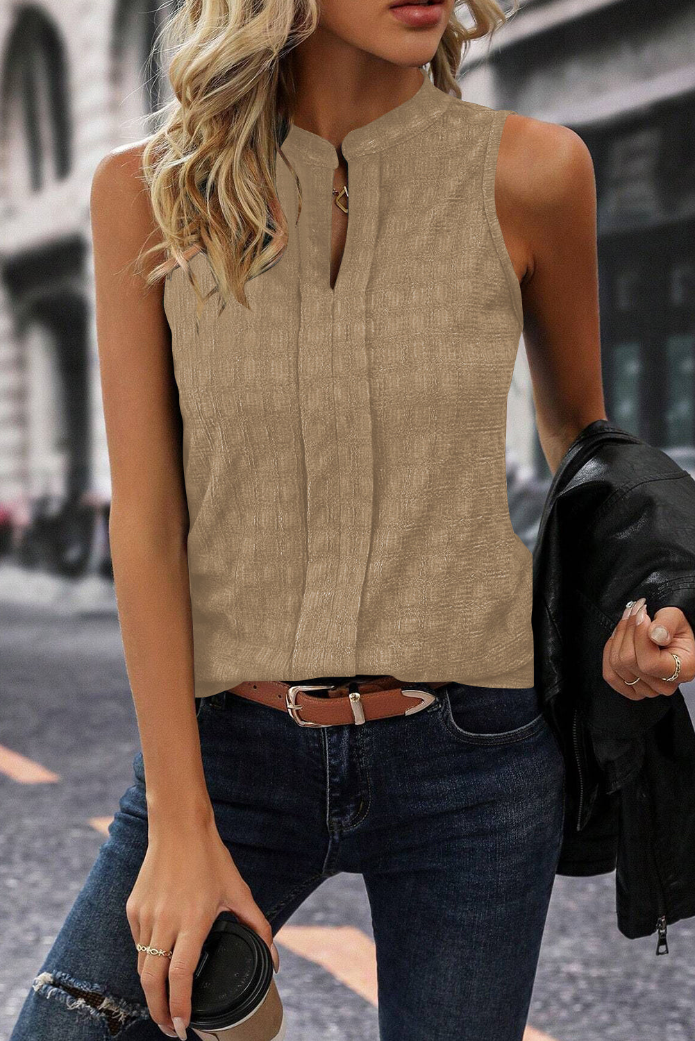 Light Beige Textured Split V Neck Sleeveless Shirt