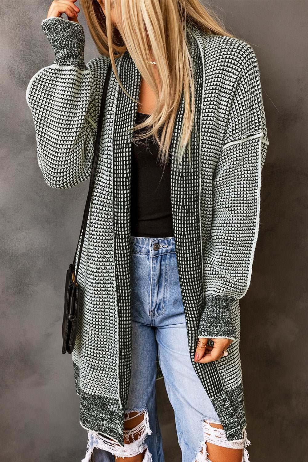 Apricot Plaid Casual Open Front Long Knit Cardigan