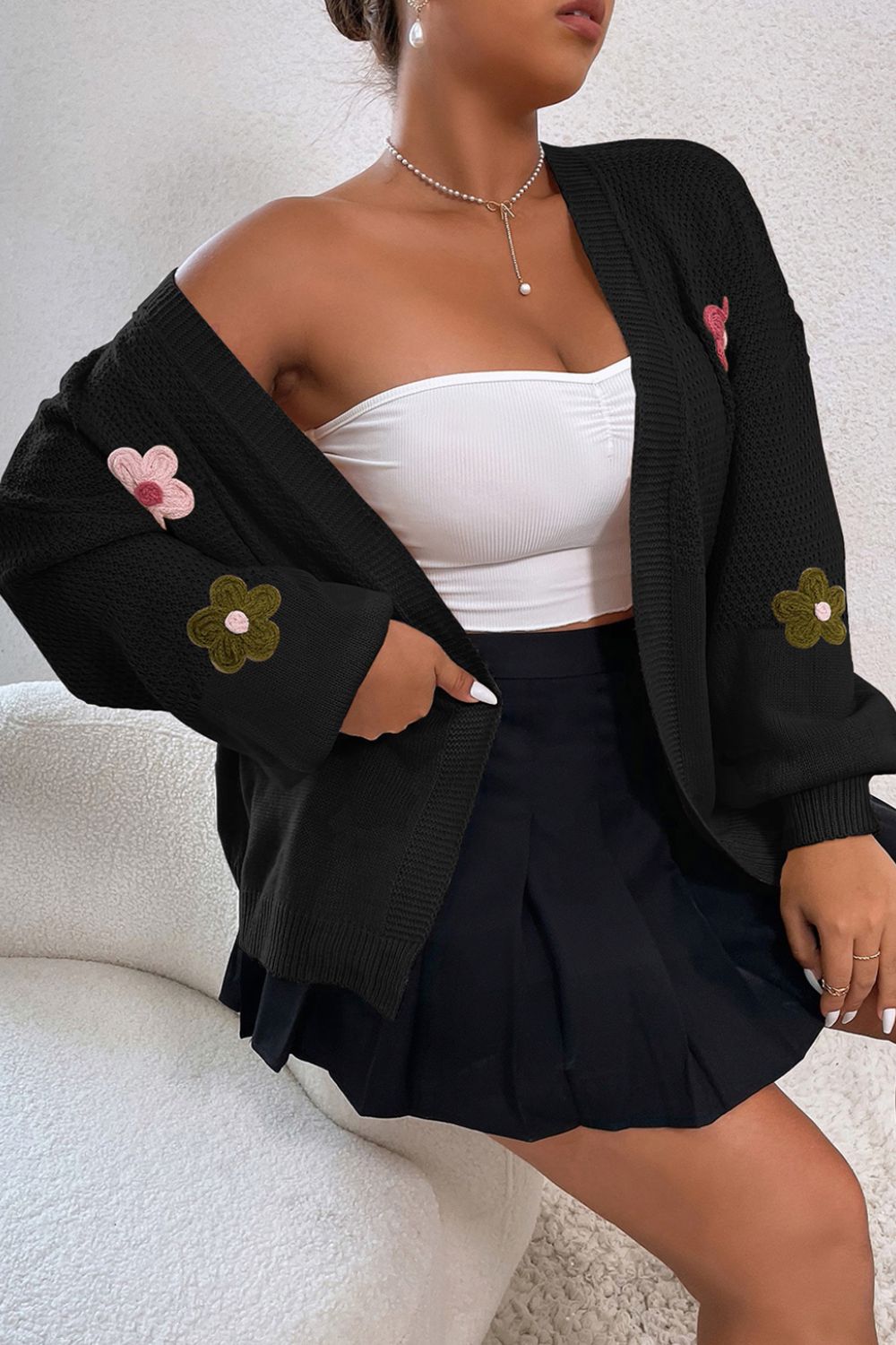 Floral Applique Drop Shoulder Open Front Cardigan