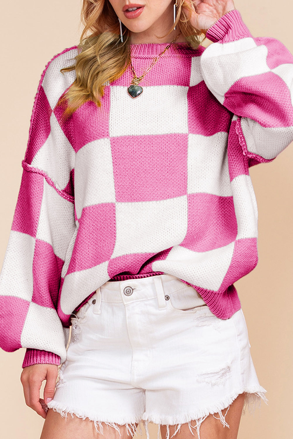 Pink Checked Bishop Sleeve Pullover Sweater