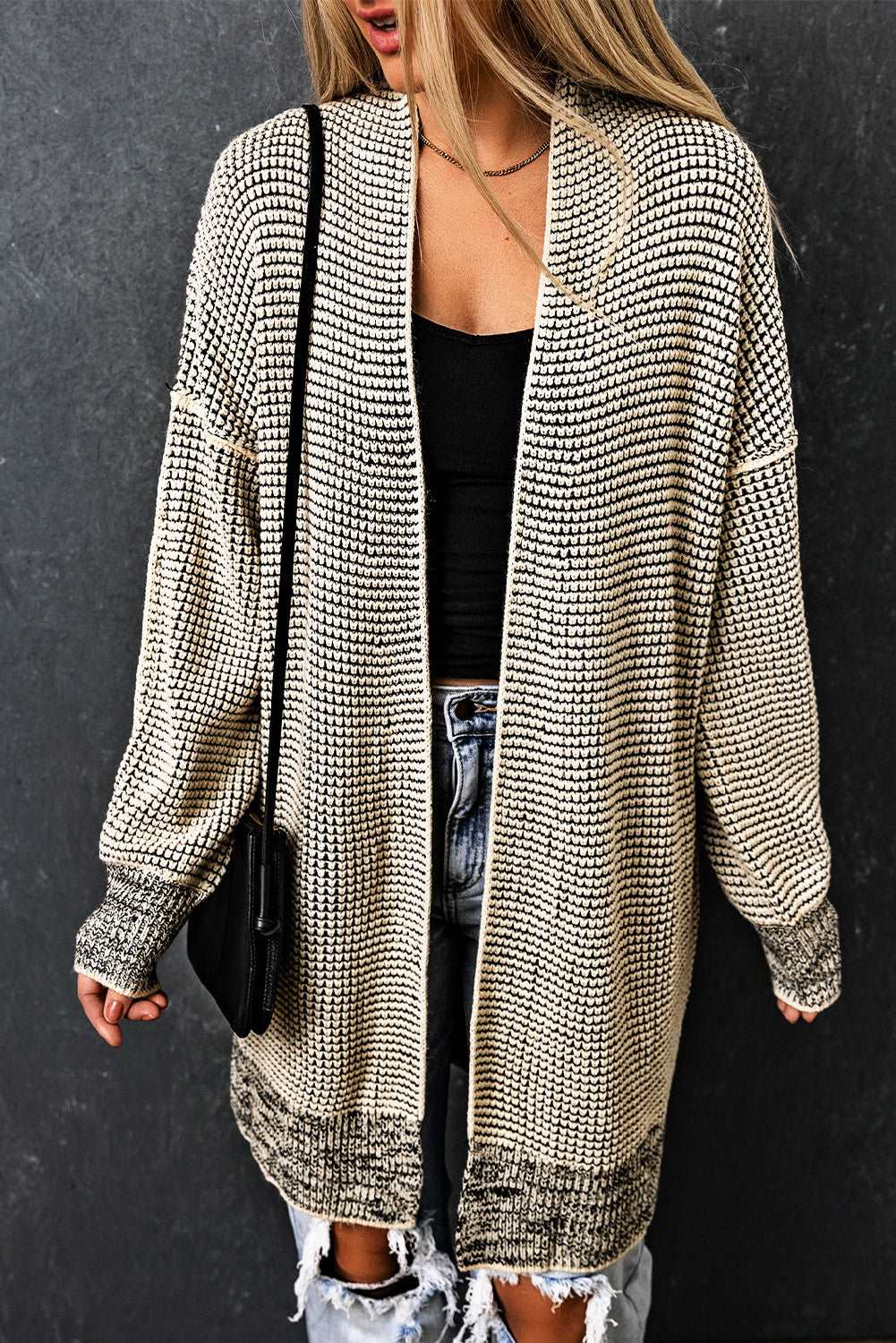 Apricot Plaid Casual Open Front Long Knit Cardigan