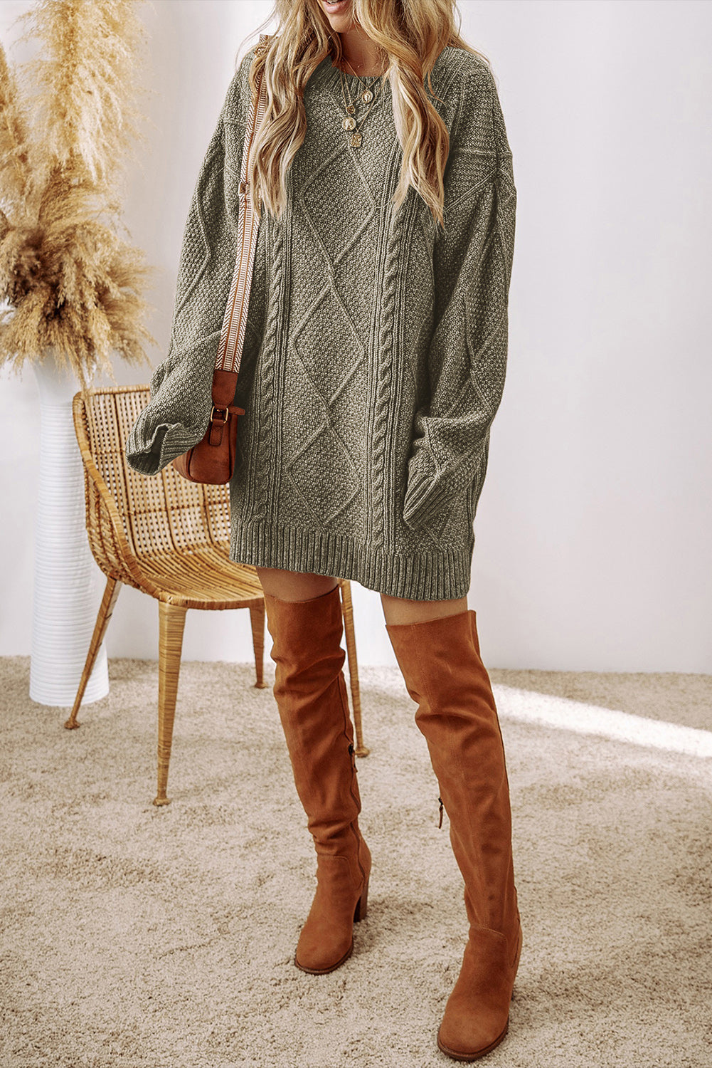 Coffee Twist Cable Knit Drop Shoulder Loose Fit Sweater Dress