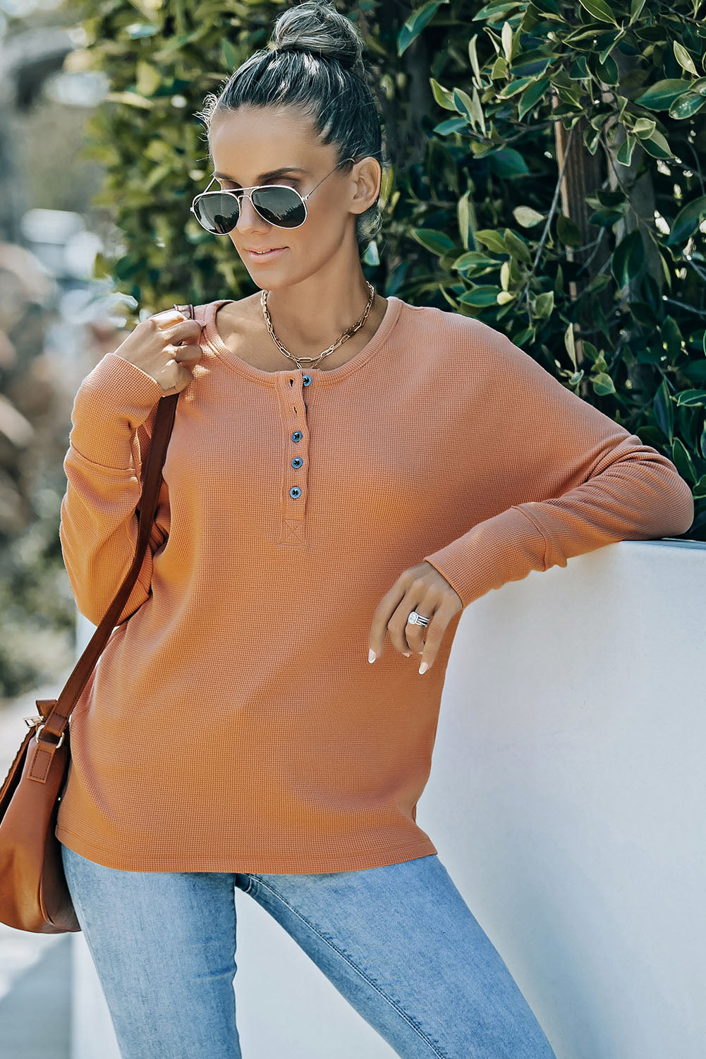 Orange Casual Waffle Button Front Knit Henley Top