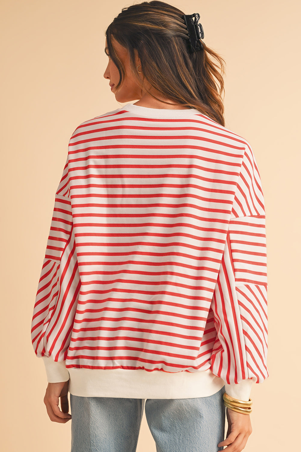 Orange Stripe Drop Shoulder Crew Neck Loose Sweatshirt