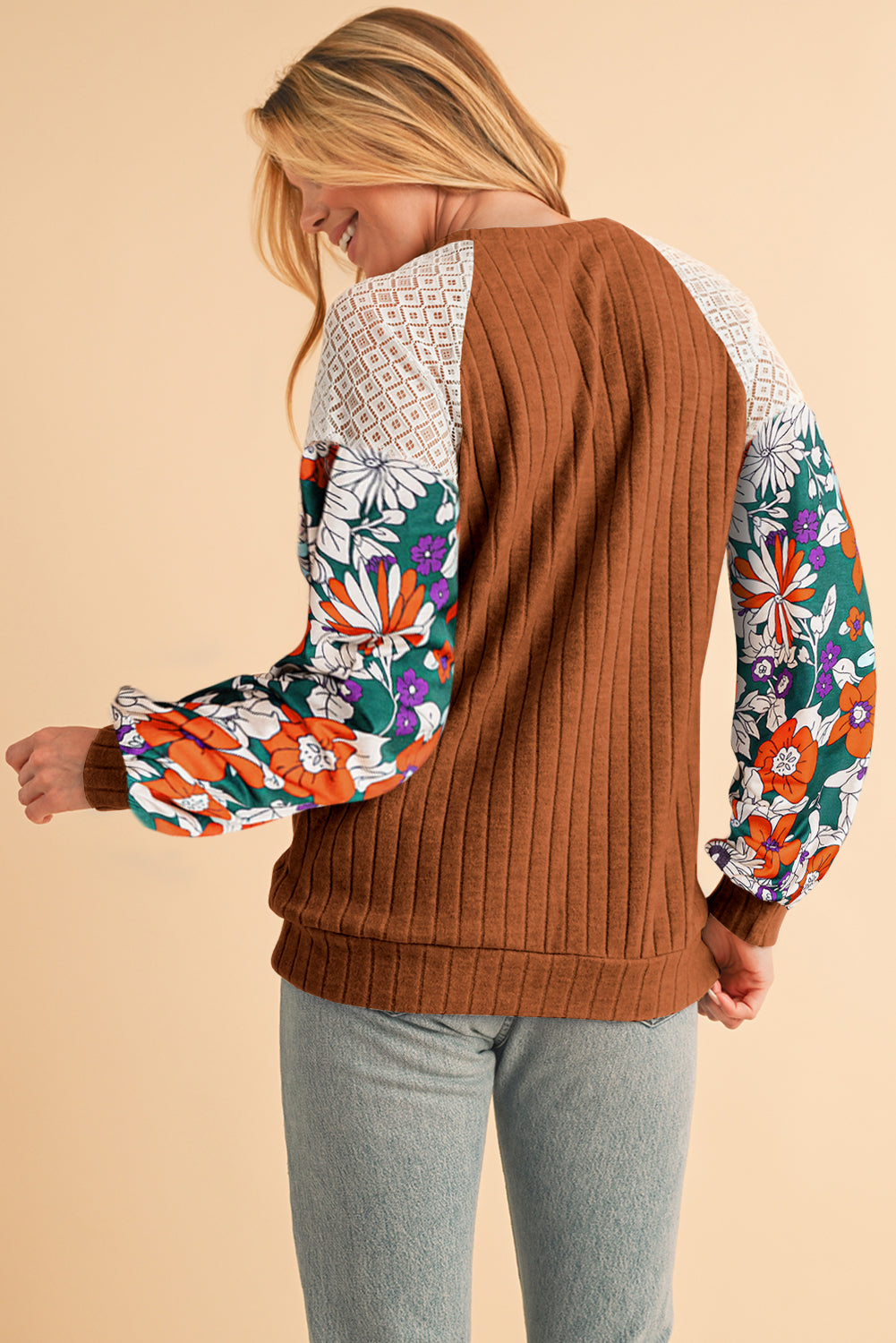 Laurel Green Floral Patchwork Raglan Sleeve Ribbed Blouse