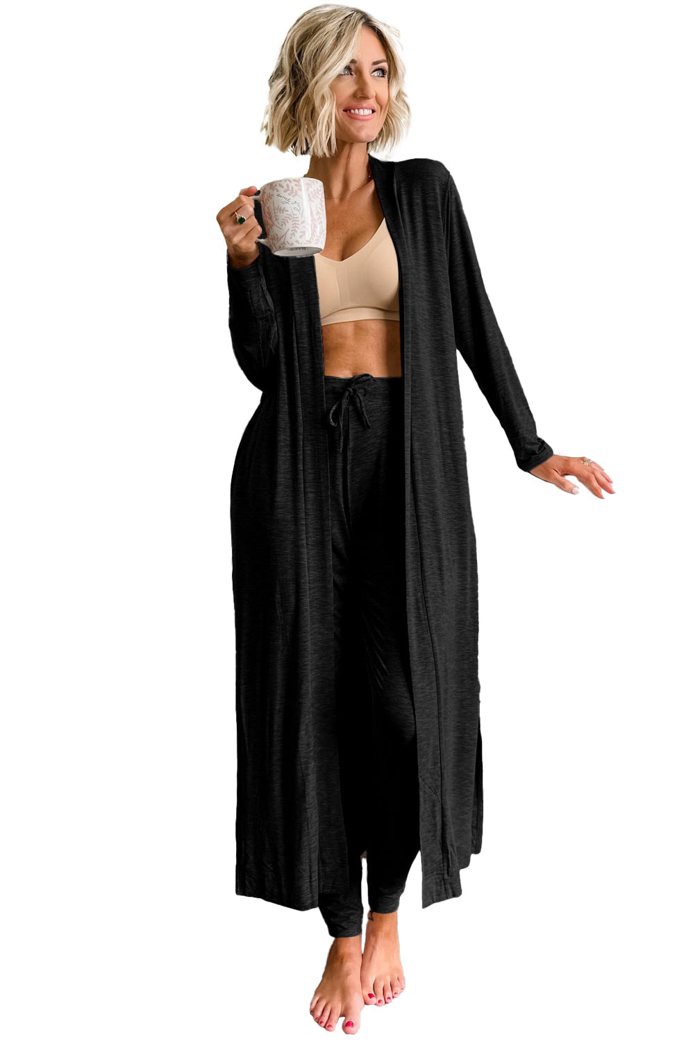 Parchment Split Long Cardigan and Skinny Pants Loungewear Set