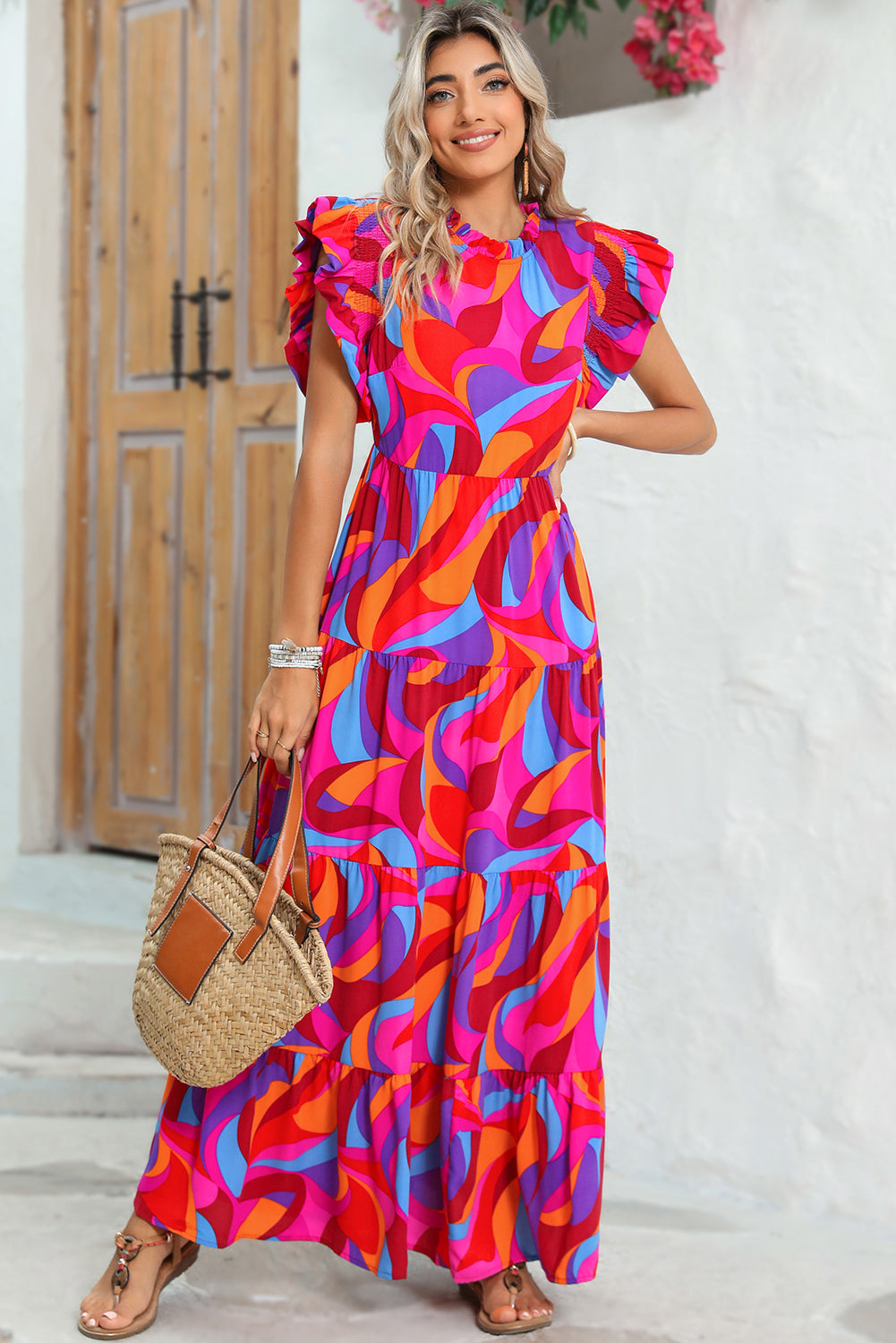 Orange Abstract Print High Waist Ruffle Tiered Maxi Dress