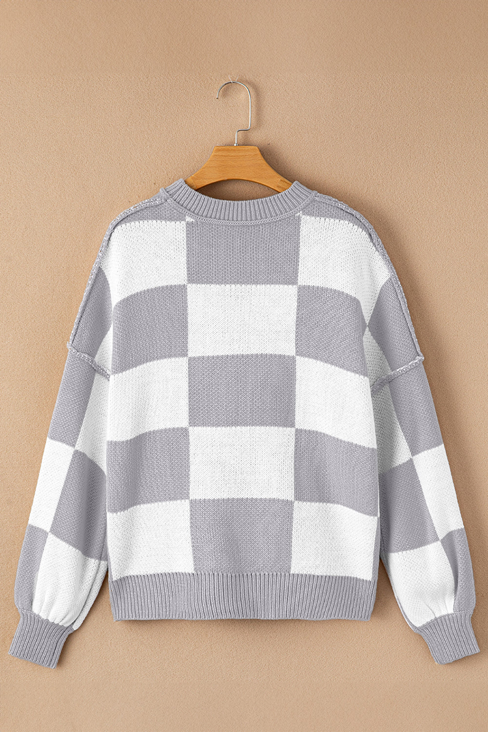 Pink Checked Bishop Sleeve Pullover Sweater