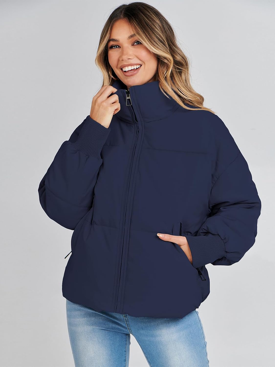 Women's 2024 Winter Long Sleeve Zip Puffer Jacket - Baggy Short Down Coat with Pockets