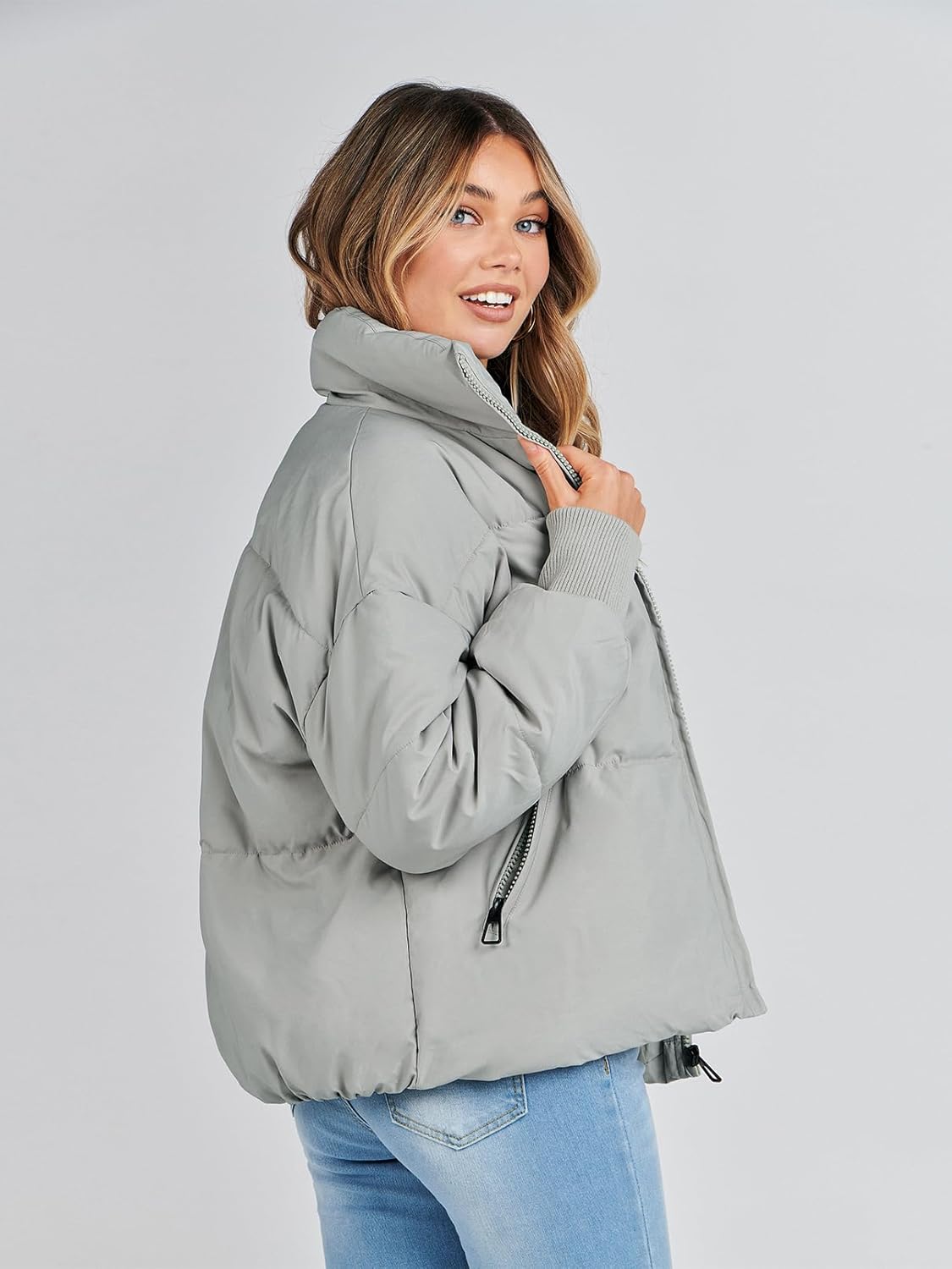 Women's 2024 Winter Long Sleeve Zip Puffer Jacket - Baggy Short Down Coat with Pockets