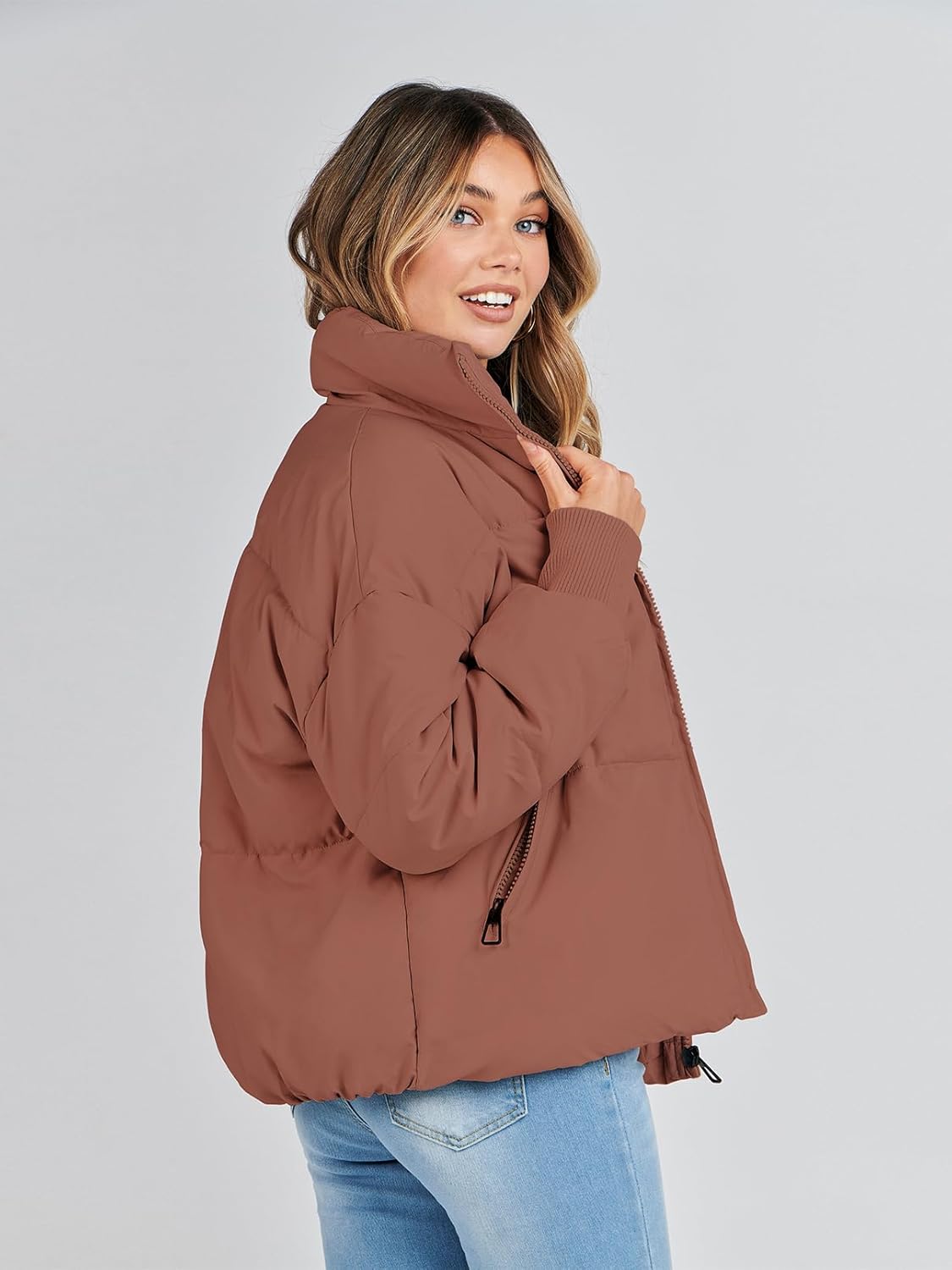 Women's 2024 Winter Long Sleeve Zip Puffer Jacket - Baggy Short Down Coat with Pockets