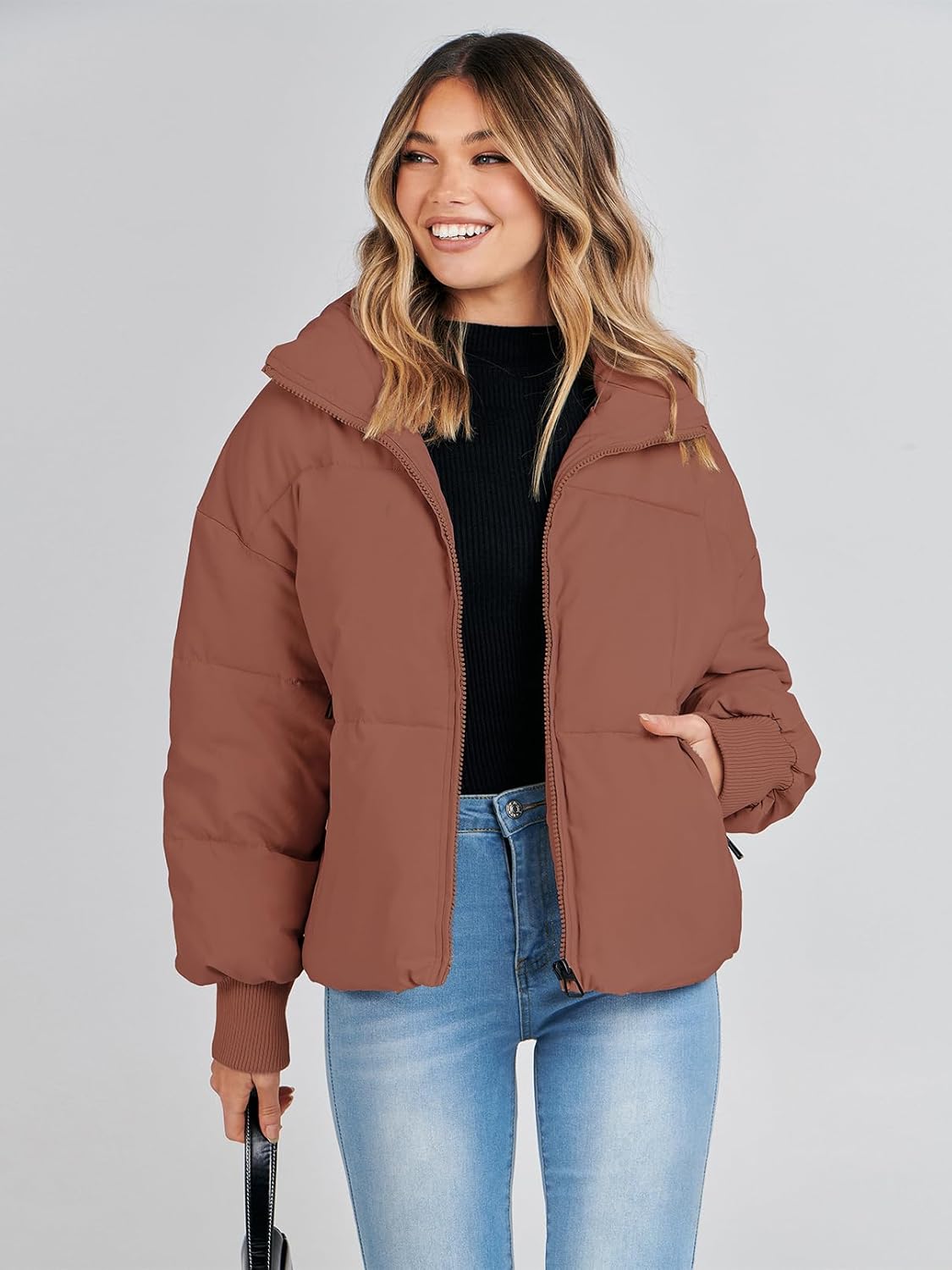 Women's 2024 Winter Long Sleeve Zip Puffer Jacket - Baggy Short Down Coat with Pockets