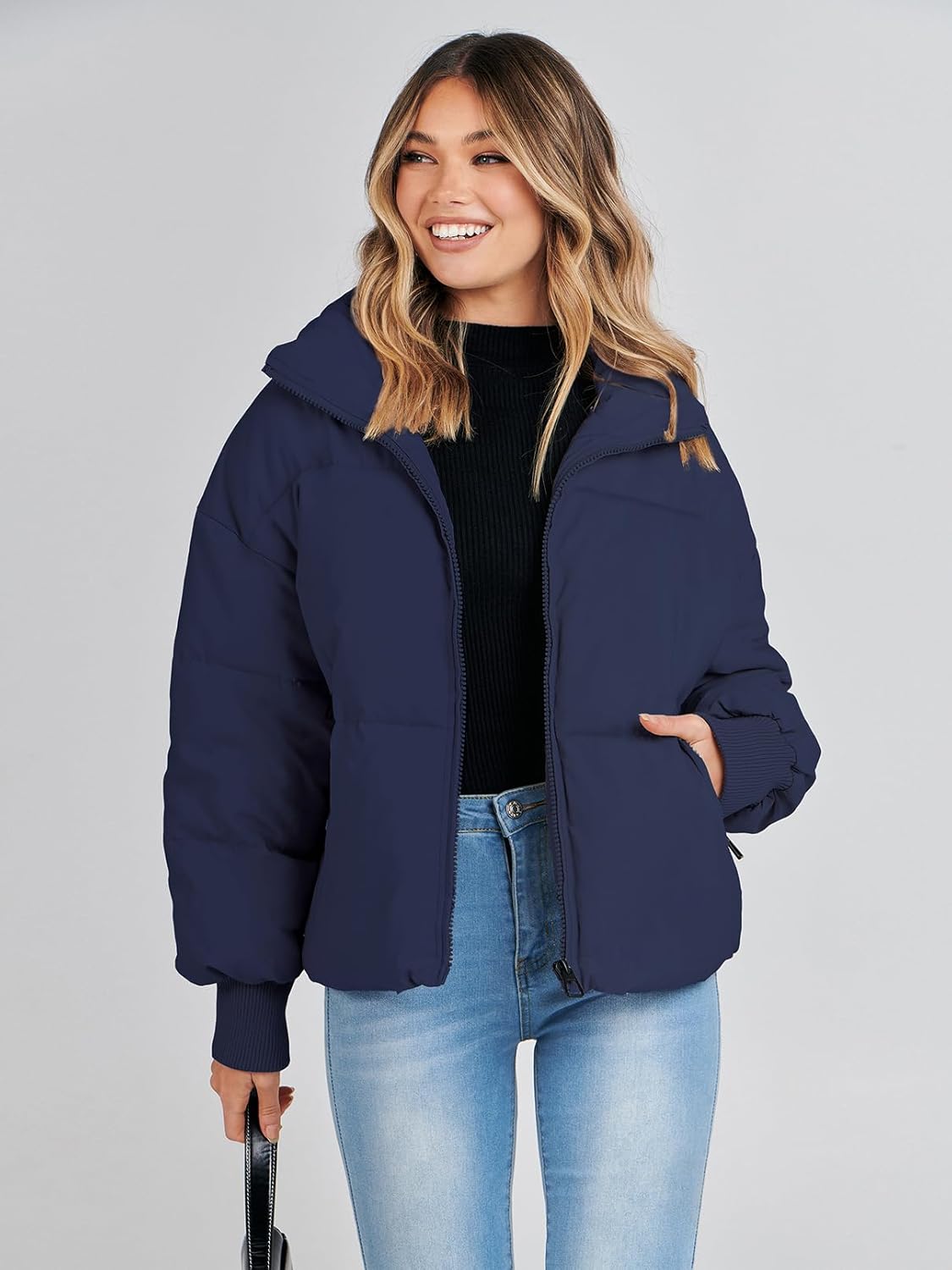 Women's 2024 Winter Long Sleeve Zip Puffer Jacket - Baggy Short Down Coat with Pockets