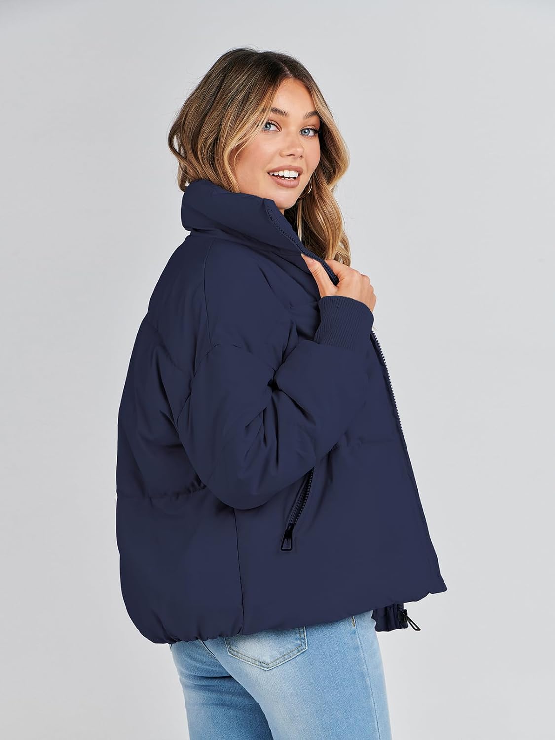 Women's 2024 Winter Long Sleeve Zip Puffer Jacket - Baggy Short Down Coat with Pockets