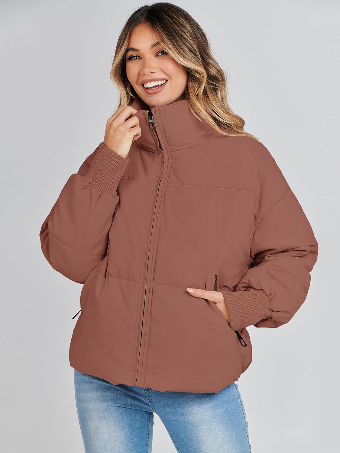 Women's 2024 Winter Long Sleeve Zip Puffer Jacket - Baggy Short Down Coat with Pockets