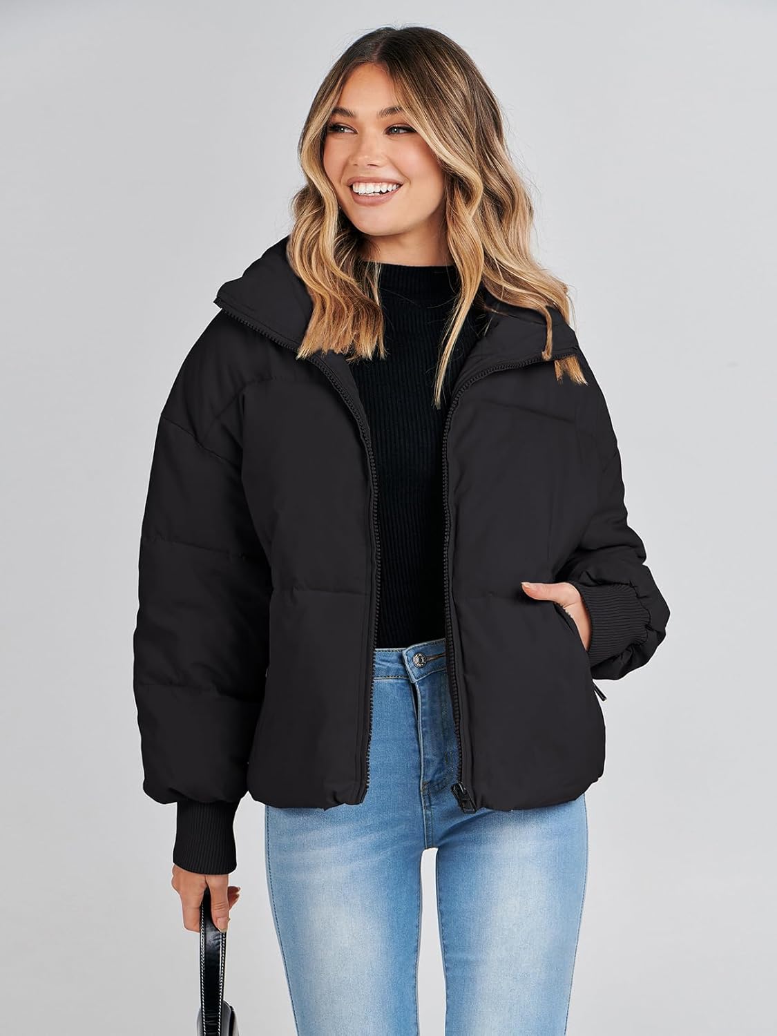 Women's 2024 Winter Long Sleeve Zip Puffer Jacket - Baggy Short Down Coat with Pockets