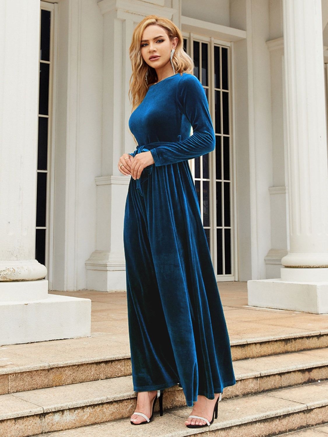 Tie Front Round Neck Long Sleeve Maxi Dress