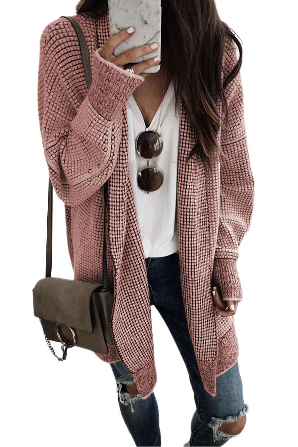 Apricot Plaid Casual Open Front Long Knit Cardigan