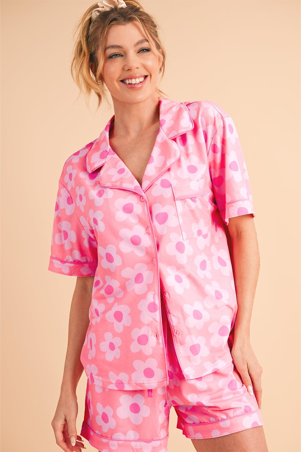 Pink 60s Flower Print Buttoned Shirt and Drawstring Waist Pajama Set