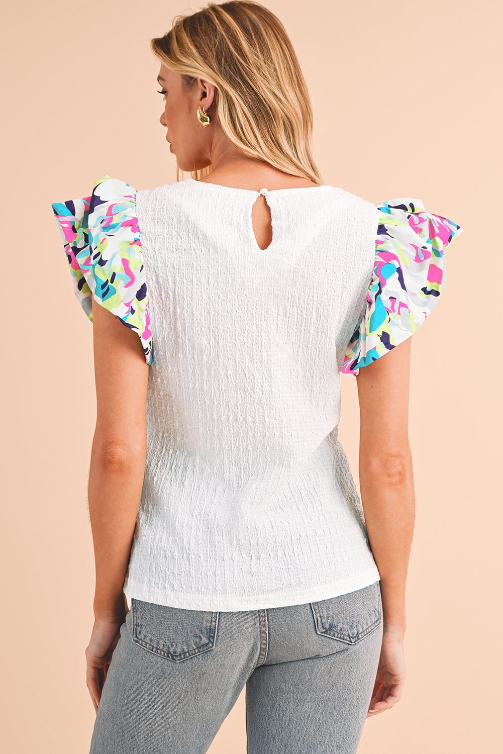 White Abstract Print Puff Sleeve Textured Top