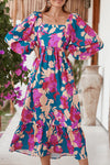 Multicolor Boho Floral Print Square Neck Ruffle Midi Dress