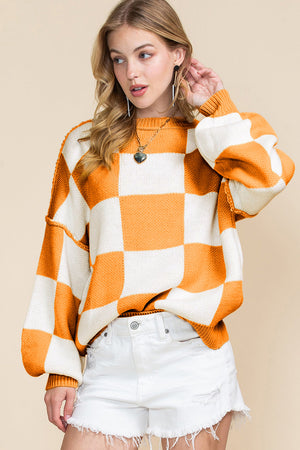 Pink Checked Bishop Sleeve Pullover Sweater