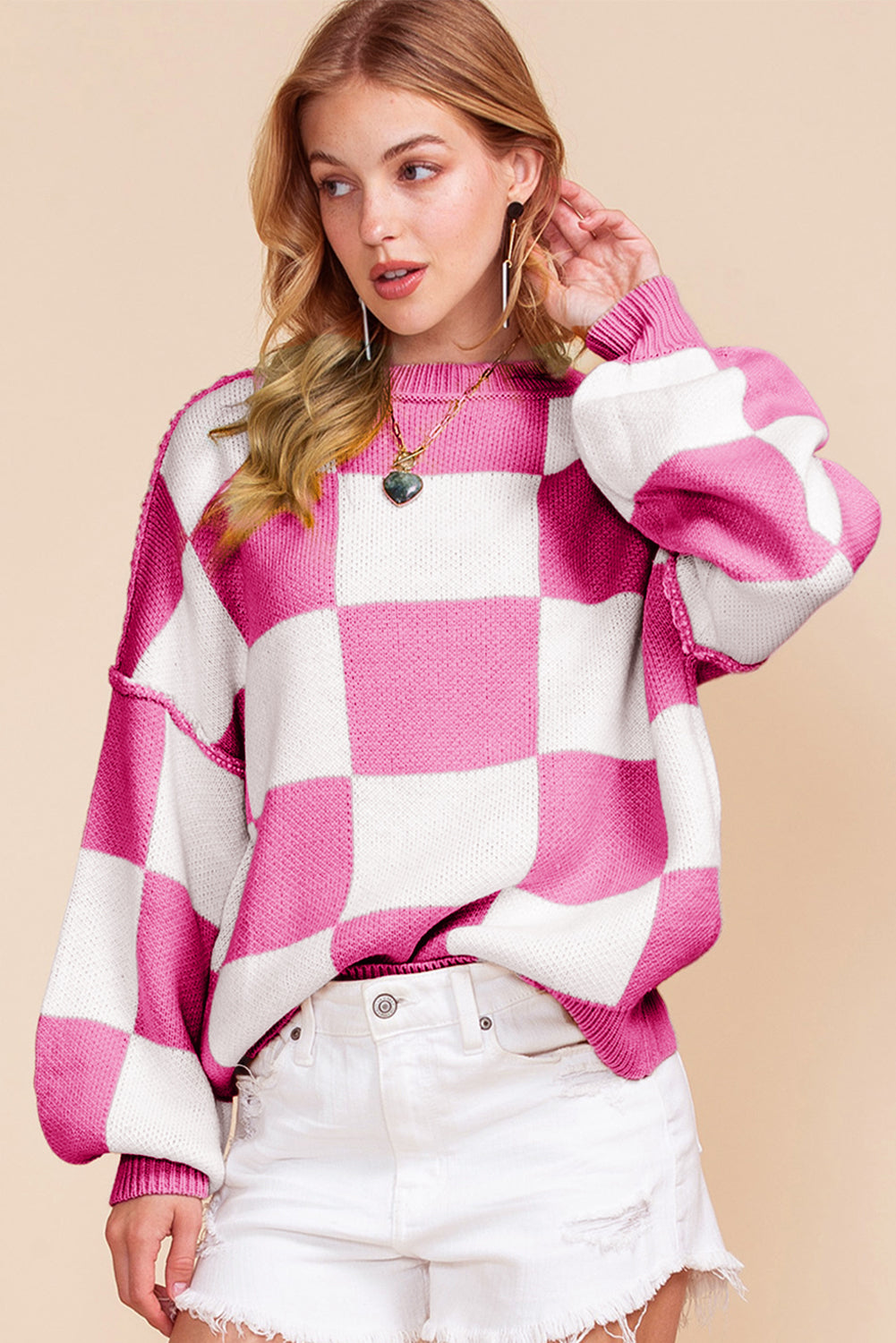 Pink Checked Bishop Sleeve Pullover Sweater