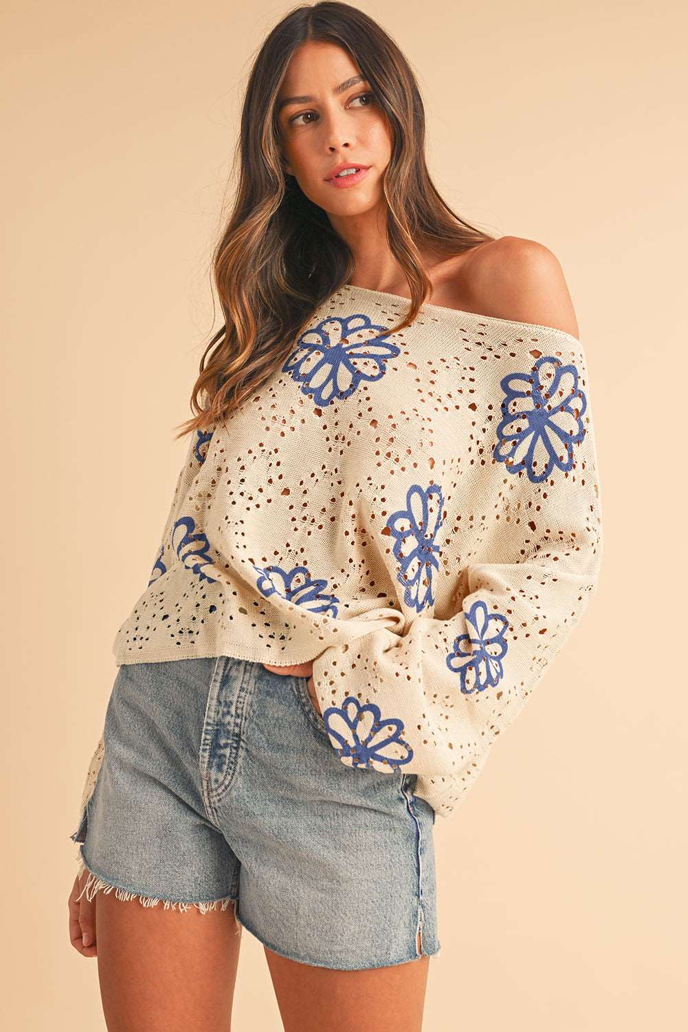 Beige Flower Print Drop Shoulder Hollow Knit Sweater