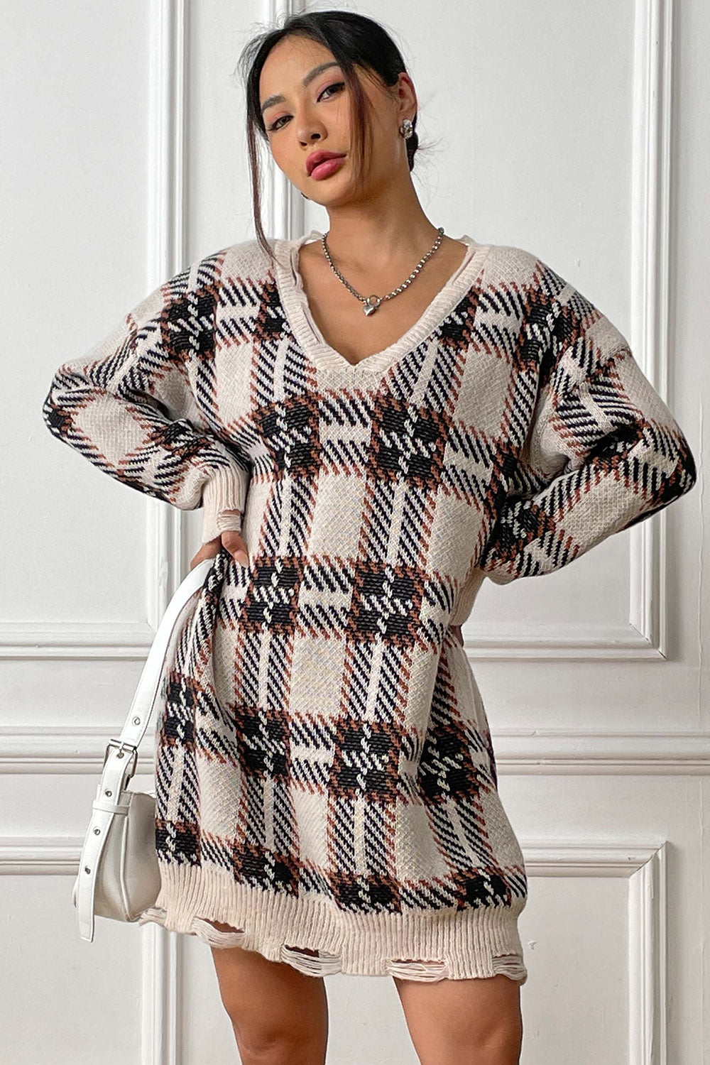 Plaid V-Neck Long Sleeve Sweater Dress