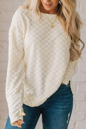 Beige Checkered Furry Thumbhole Long Sleeve Top