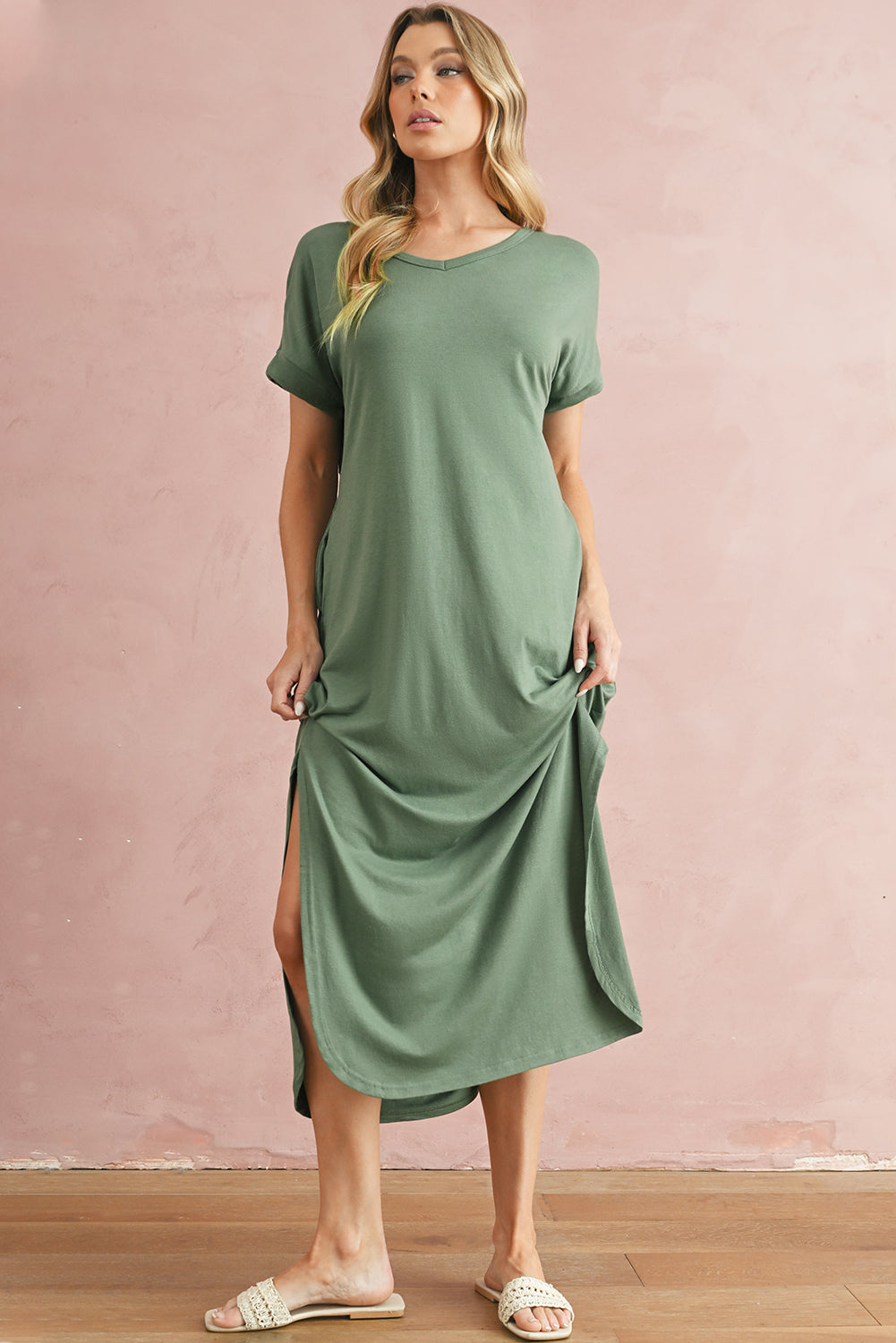 Grass Green Solid Color Hidden Pocket V Neck Slit Maxi Dress