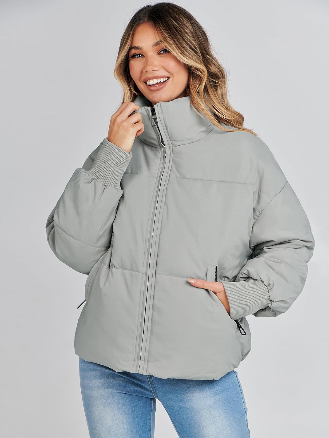 Women's 2024 Winter Long Sleeve Zip Puffer Jacket - Baggy Short Down Coat with Pockets