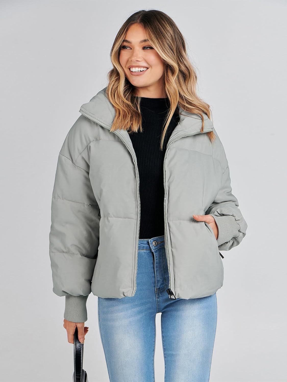 Women's 2024 Winter Long Sleeve Zip Puffer Jacket - Baggy Short Down Coat with Pockets