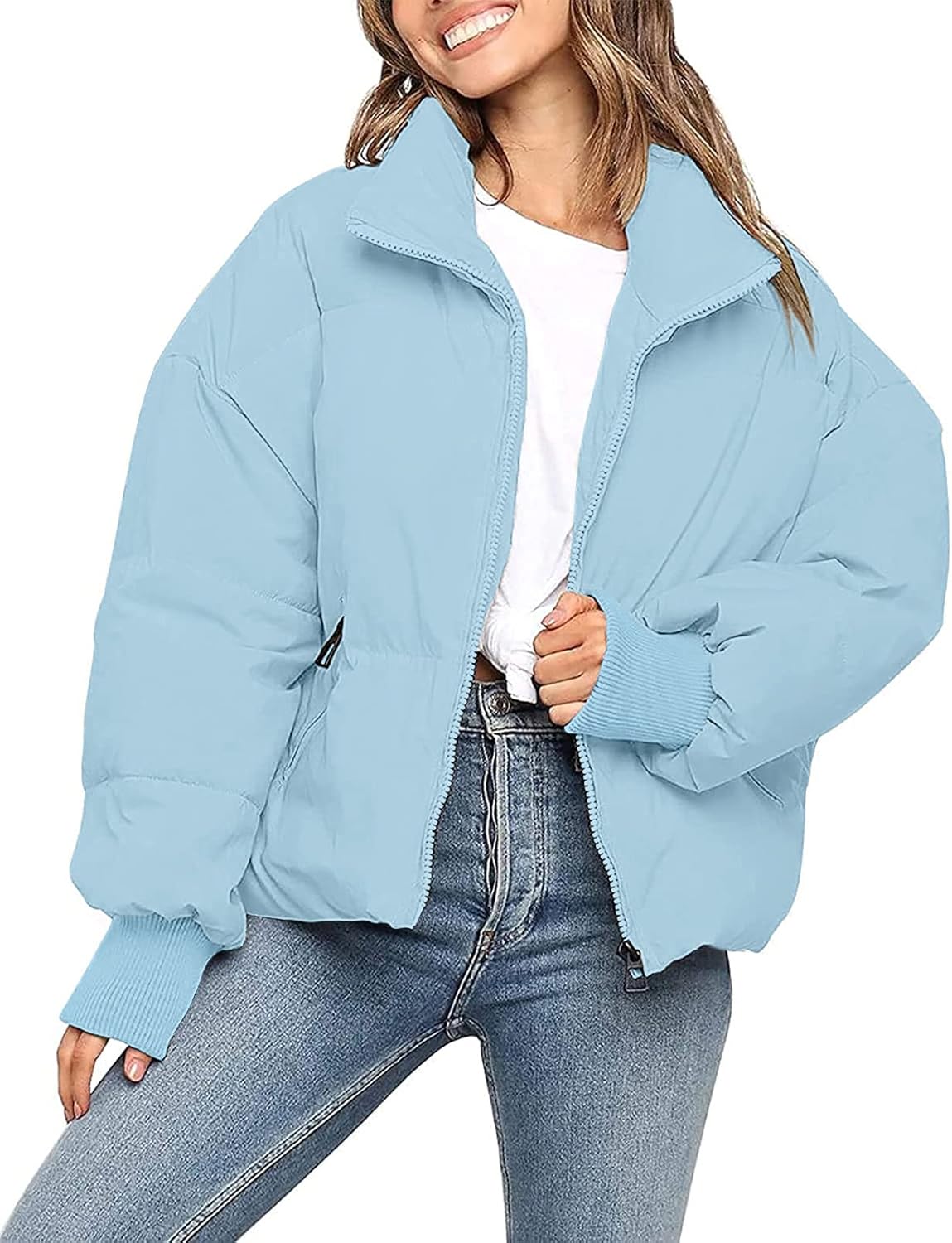 Women's 2024 Winter Long Sleeve Zip Puffer Jacket - Baggy Short Down Coat with Pockets