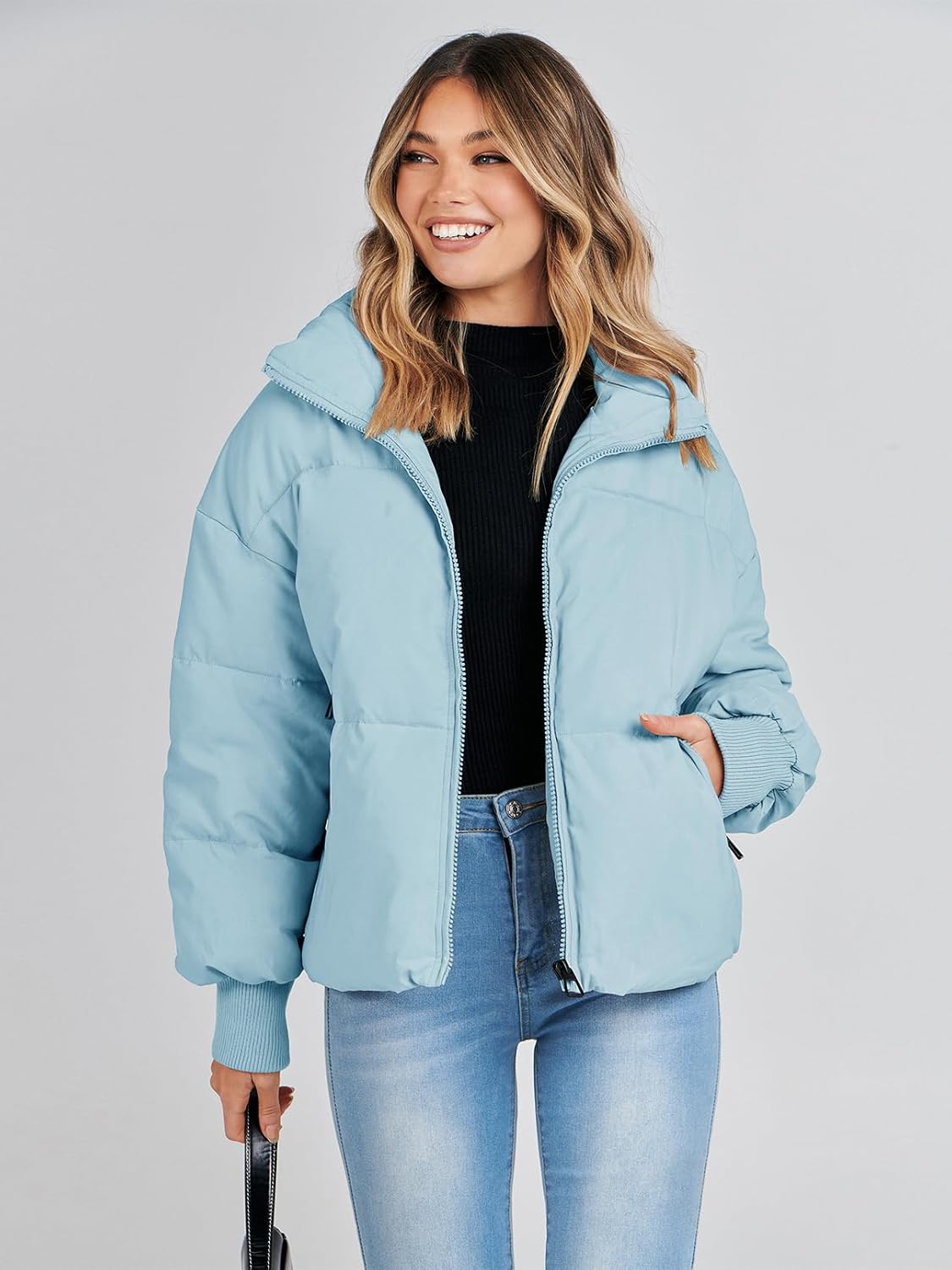 Women's 2024 Winter Long Sleeve Zip Puffer Jacket - Baggy Short Down Coat with Pockets