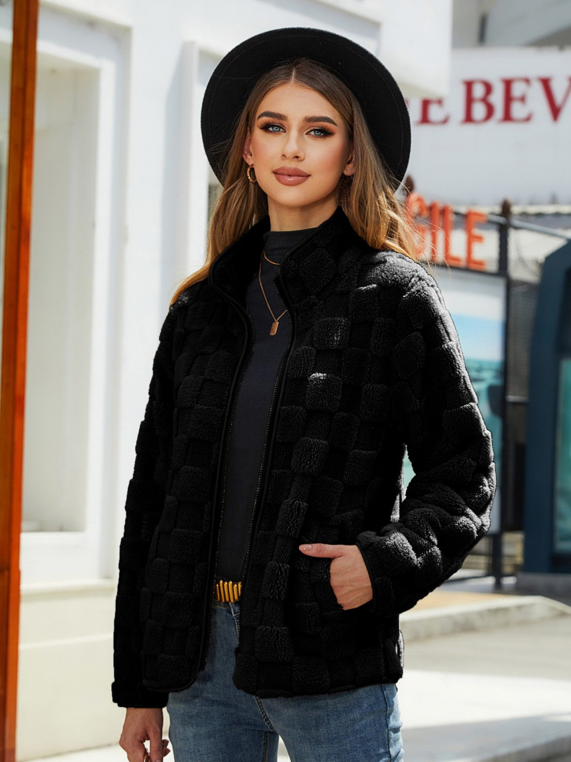 Fuzzy Checkered Zip Up Jacket