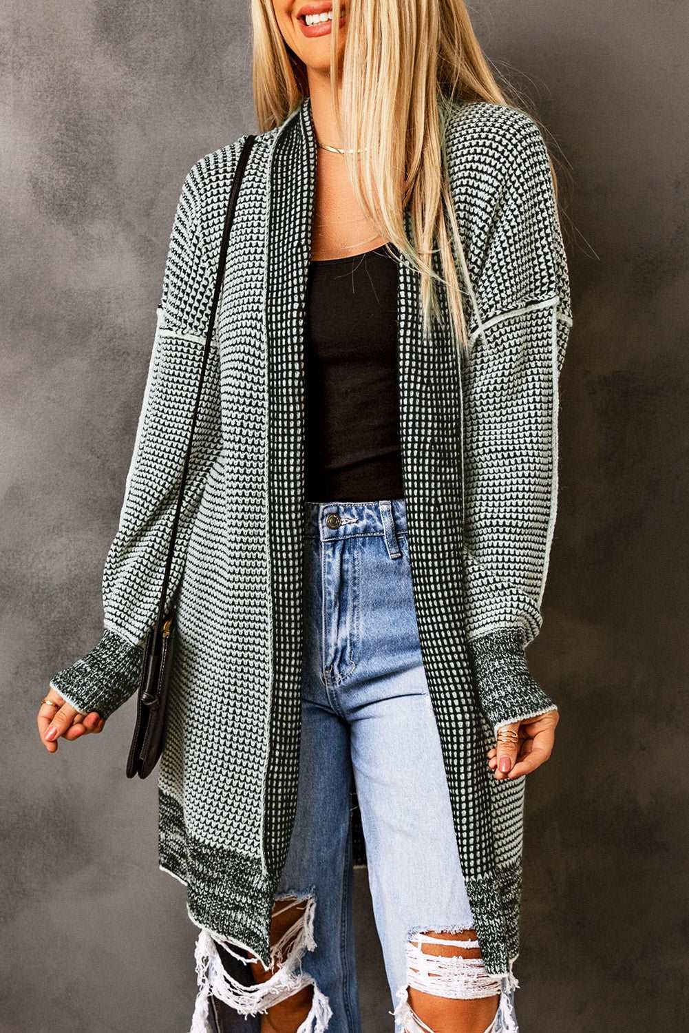 Apricot Plaid Casual Open Front Long Knit Cardigan