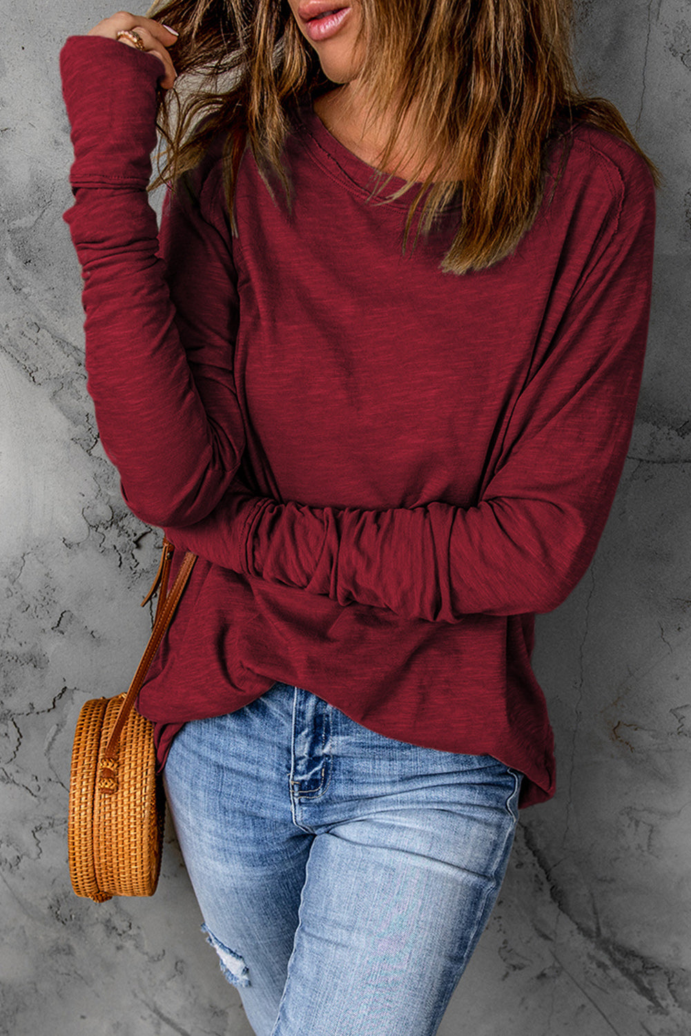 Dark Red Plain Thumbhole Long Sleeve Top