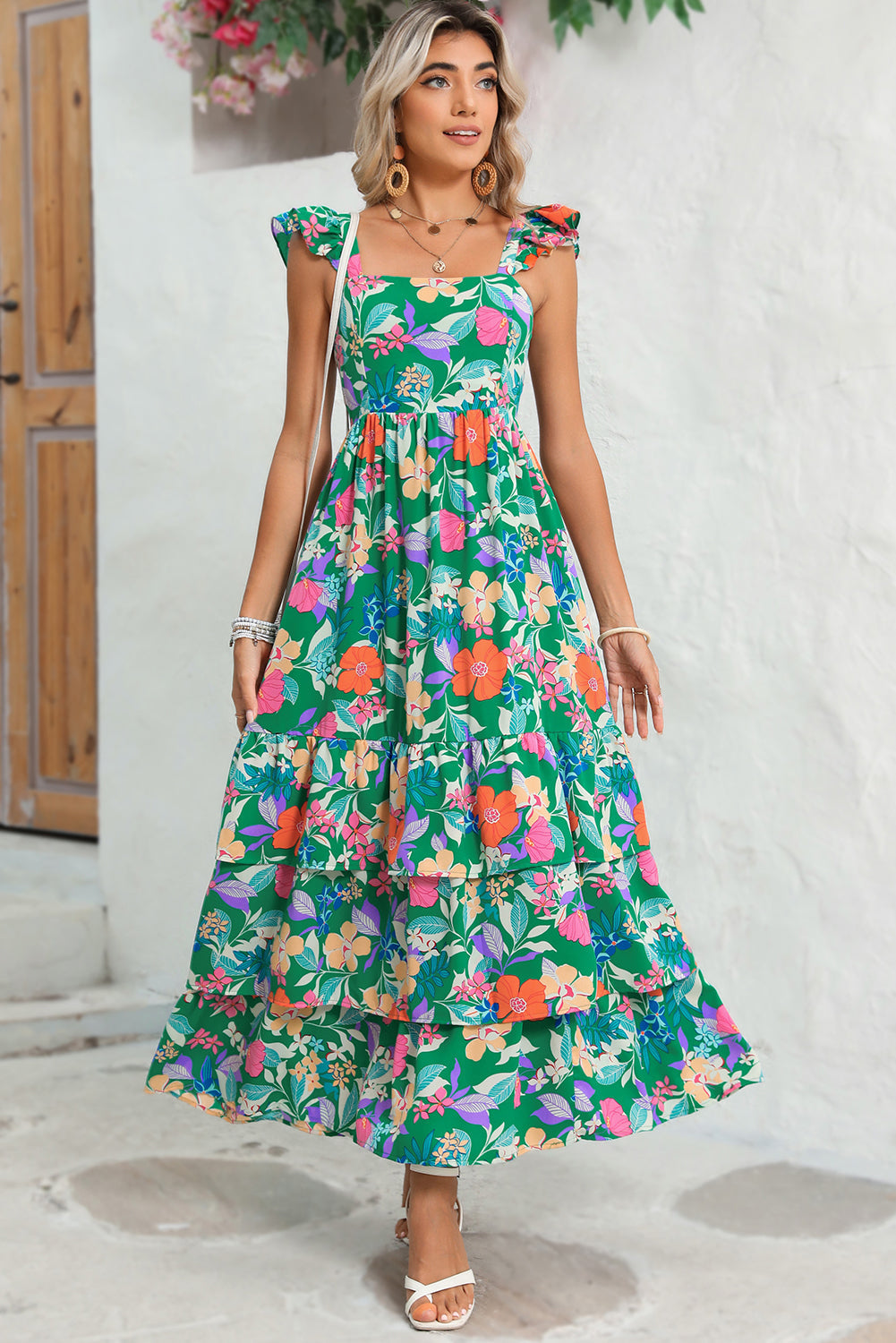 Green Boho Floral Print Ruffle Sleeveless Tiered Maxi Dress