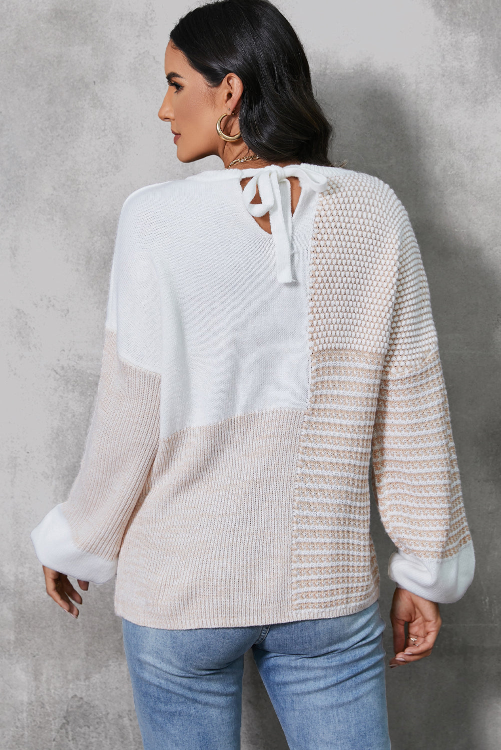 Oatmeal Mixed Pattern Knit Drop Shoulder Reversible Sweater