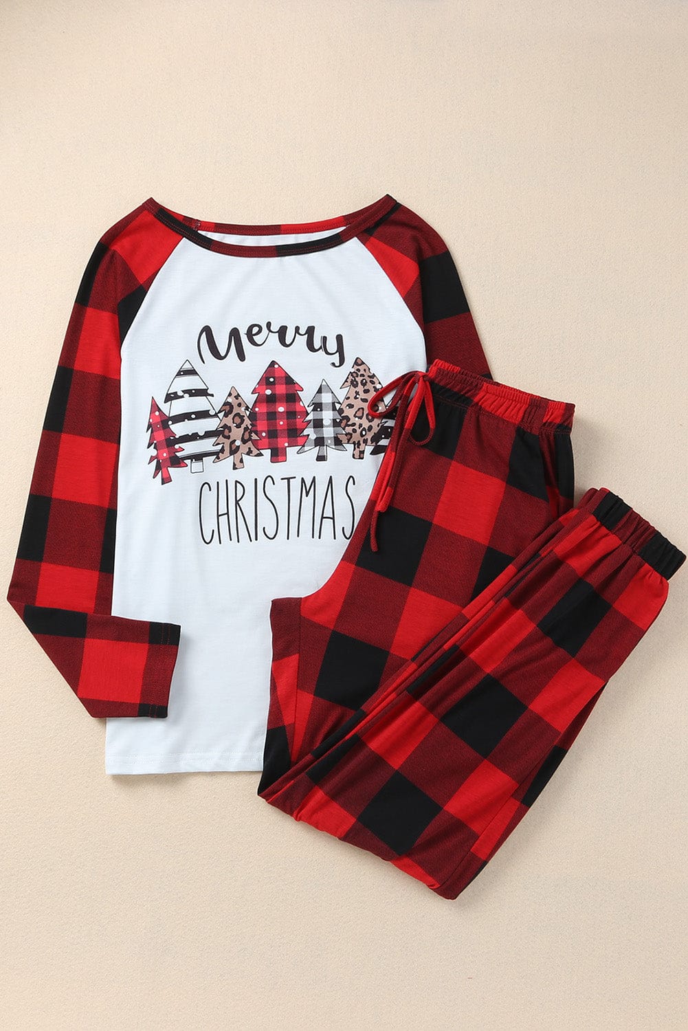 Red Plaid Merry Christmas Casual Top & Pants Loungewear Set