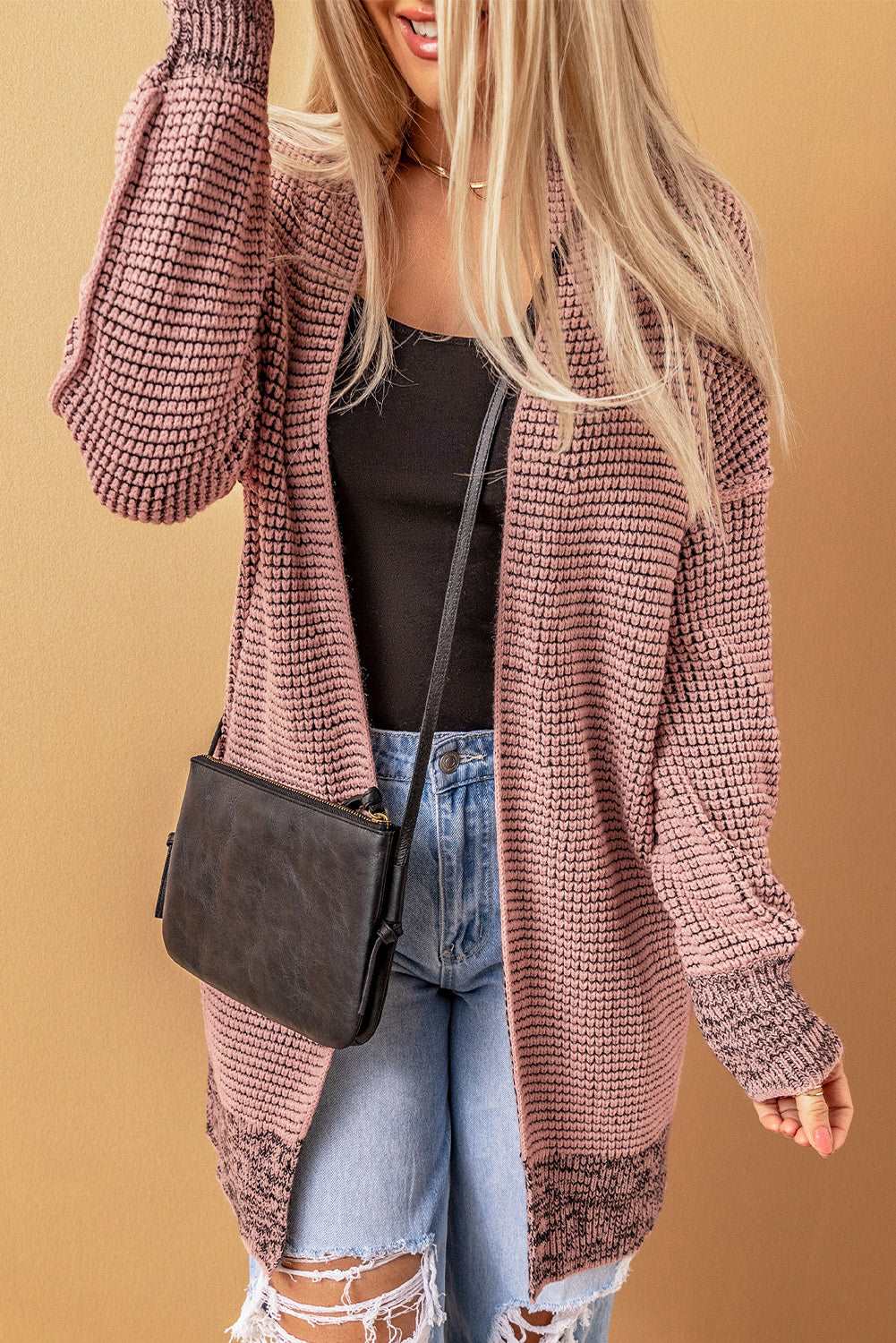 Apricot Plaid Casual Open Front Long Knit Cardigan