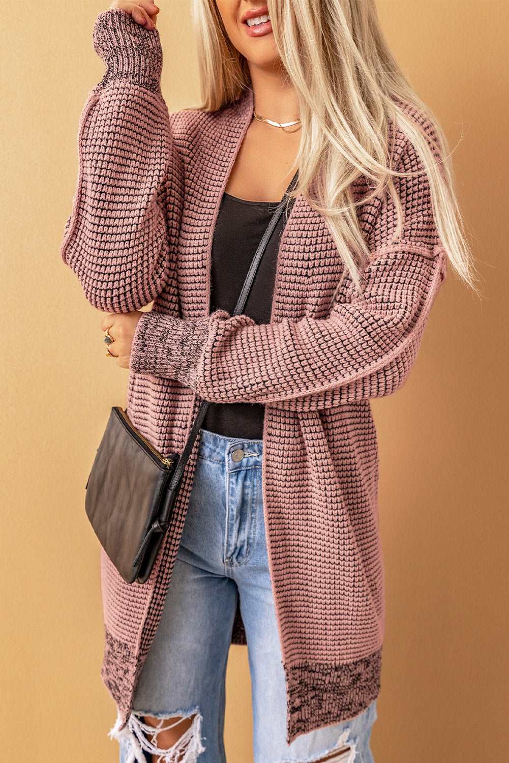 Apricot Plaid Casual Open Front Long Knit Cardigan