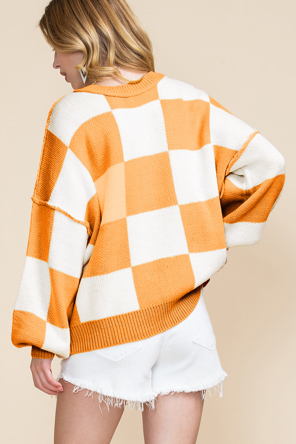 Pink Checked Bishop Sleeve Pullover Sweater